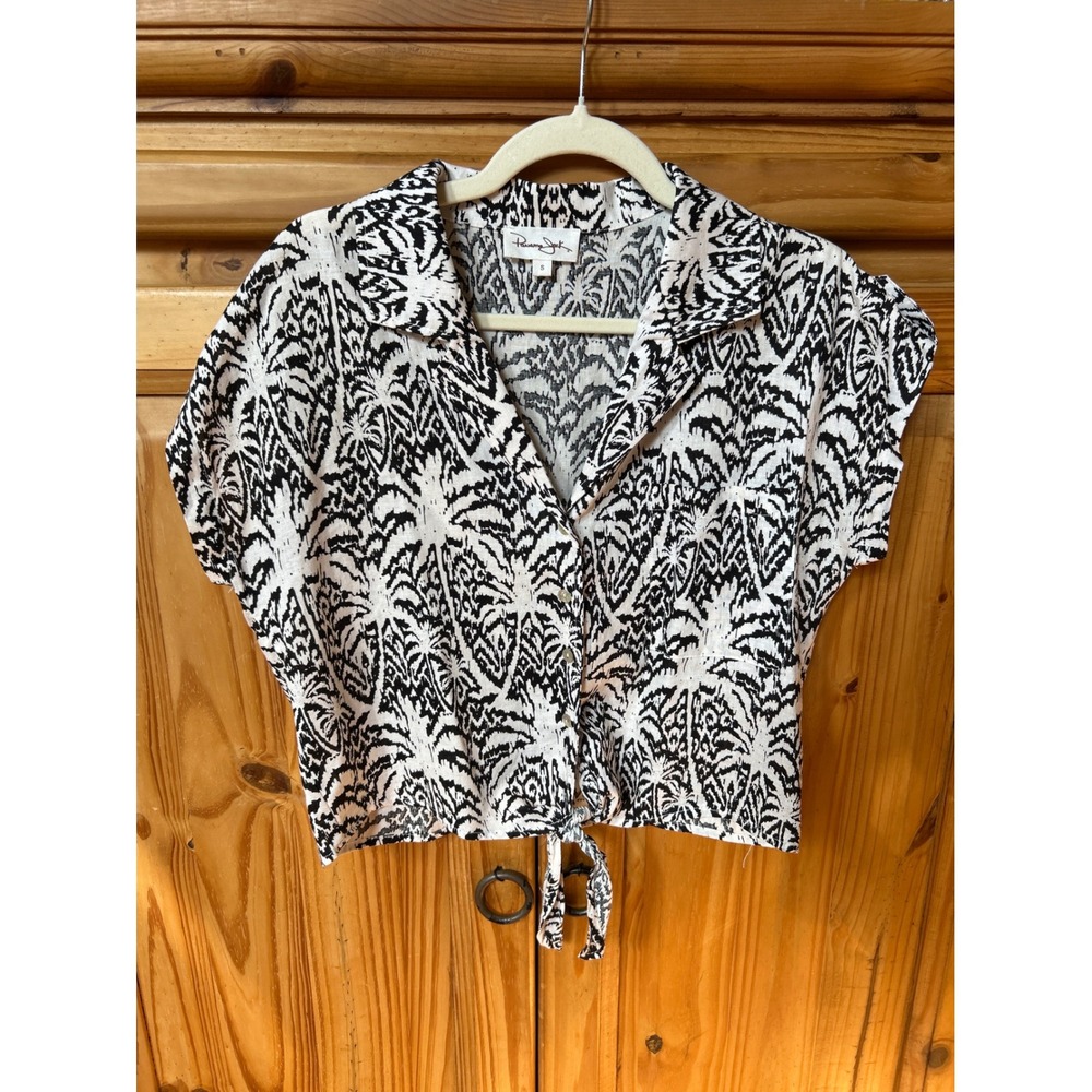 Panama Jack Women Small Linen Blend Palm Tree Print Tie Front Button Down Shirt